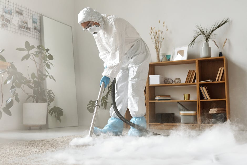 A professional cleaner dressed in a white protective suit, gloves, and mask is performing deep cleaning on a beige carpet in a living room. They are using a vacuum and steam extraction equipment, with visible steam or fog around the cleaner's feet, indicating the sanitisation process. The room features a modern, minimalist design with a wooden bookshelf filled with books and decorative items, a large potted plant, and natural daylight illuminating the space. The surface cleaning highlights cleanliness and hygiene, consistent with domestic cleaning services offered by Clapham Cleaners. The setting emphasizes effective carpet cleaning and sanitisation in a residential environment.