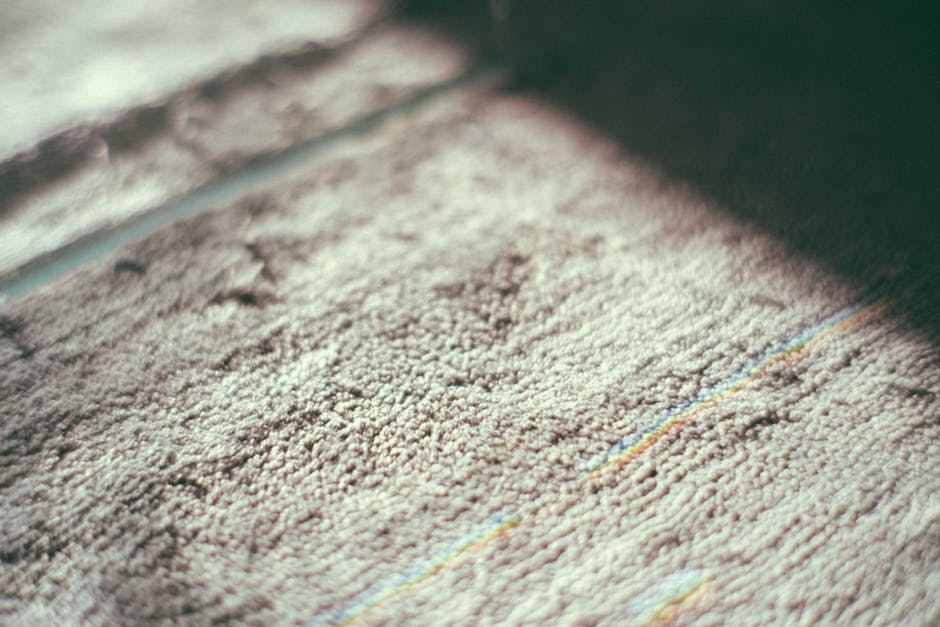 Close-up image of a light beige carpet with a soft, plush texture, showing visible wear and some dirt particles. The carpet is situated in a room with natural daylight illuminating its surface, and it appears to be in need of deep cleaning. The edge of the carpet is adjacent to a tiled area with visible grout lines, indicating a transition between different flooring materials. Some tools or cleaning products are not visible in the image, but the clean and well-maintained look suggests that professional domestic cleaning services like those from Clapham Cleaners are used for surface cleaning and hygiene maintenance.
