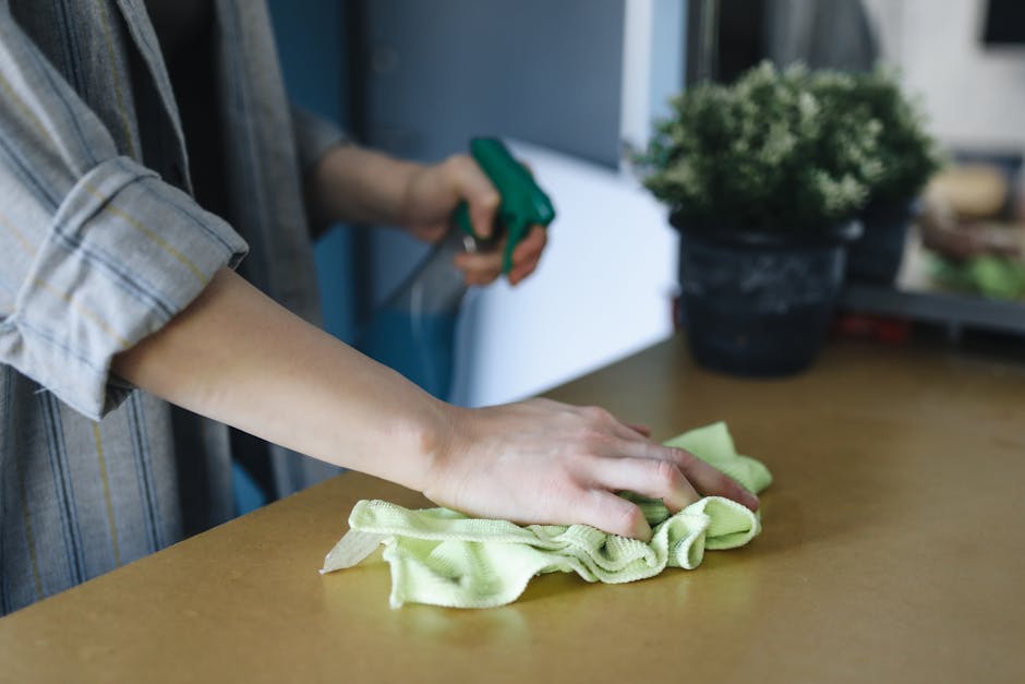 A person wearing a plaid shirt is engaged in surface cleaning on a wooden countertop, using a yellow microfiber cloth to wipe the surface thoroughly. They are holding a green spray bottle in their other hand, likely containing a cleaning solution, aimed at disinfecting the area. The countertop appears to be smooth, made of light-colored wood, and is free of dust or debris, showing a clean and shiny condition. In the background, there is a potted plant with green foliage on the countertop, and part of a window or door that allows natural light to illuminate the scene, highlighting the cleanliness and hygiene practices associated with domestic cleaning by Clapham cleaners.